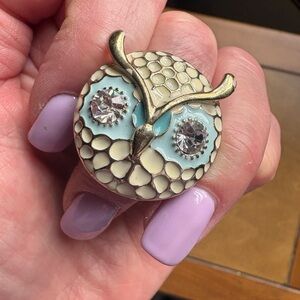 Owl Statement Ring in Cream and Light Blue with Rhinestone Eyes
